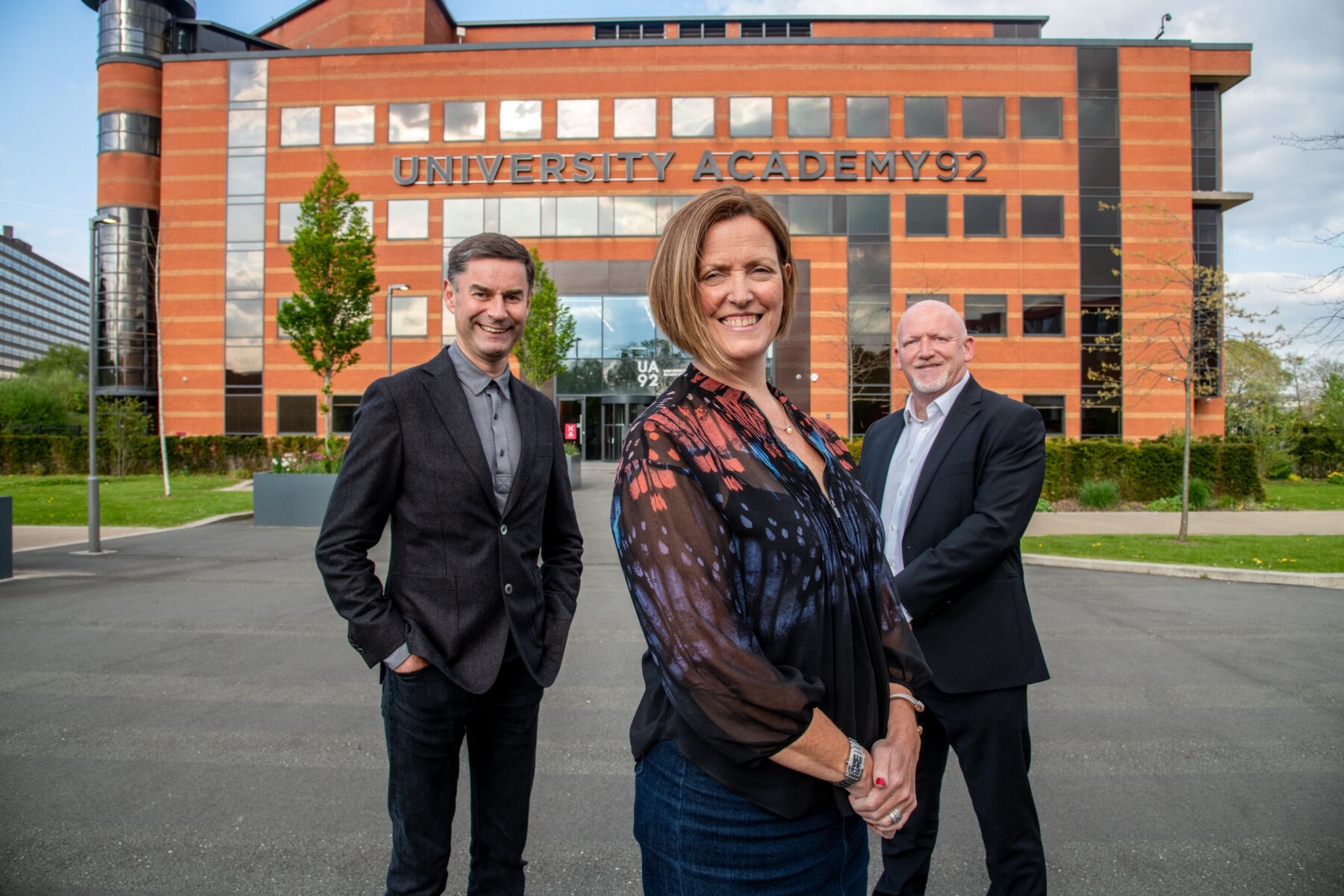 (L-R) Rod Waldie, CEO of Gateley, Sara Prowse, CEO of UA92 and Paul Jefferson, Head of Gateley’s Manchester office, outside UA92.